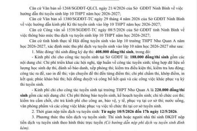 THÔNG BÁO về việc mức thu dịch vụ tuyển sinh vào lớp 10 THPT năm học 2026-2027 trường THPT Nho Quan A