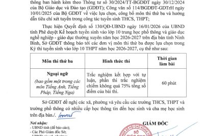THÔNG BÁO: Môn thi thứ ba trong kỳ thi tuyển sinh vào 10 THPT năm học 2026-2027